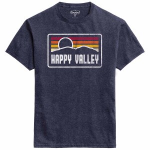 navy heather short sleeve t-shirt with Happy Valley sunrise graphic